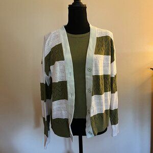 Talbots Striped Olive Green and White Button Up Cardigan